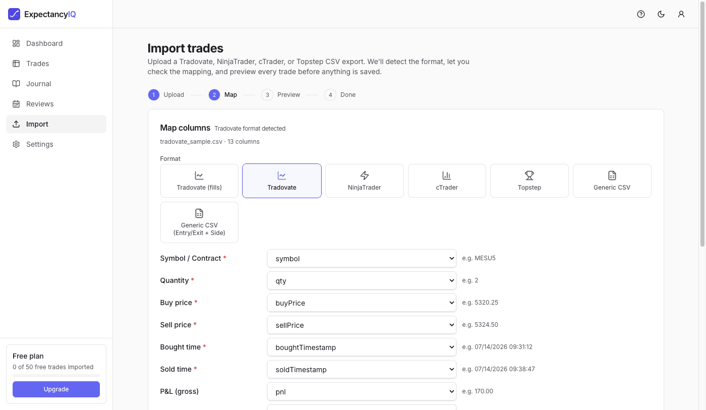 The import wizard's column-mapping step with auto-suggested field mappings