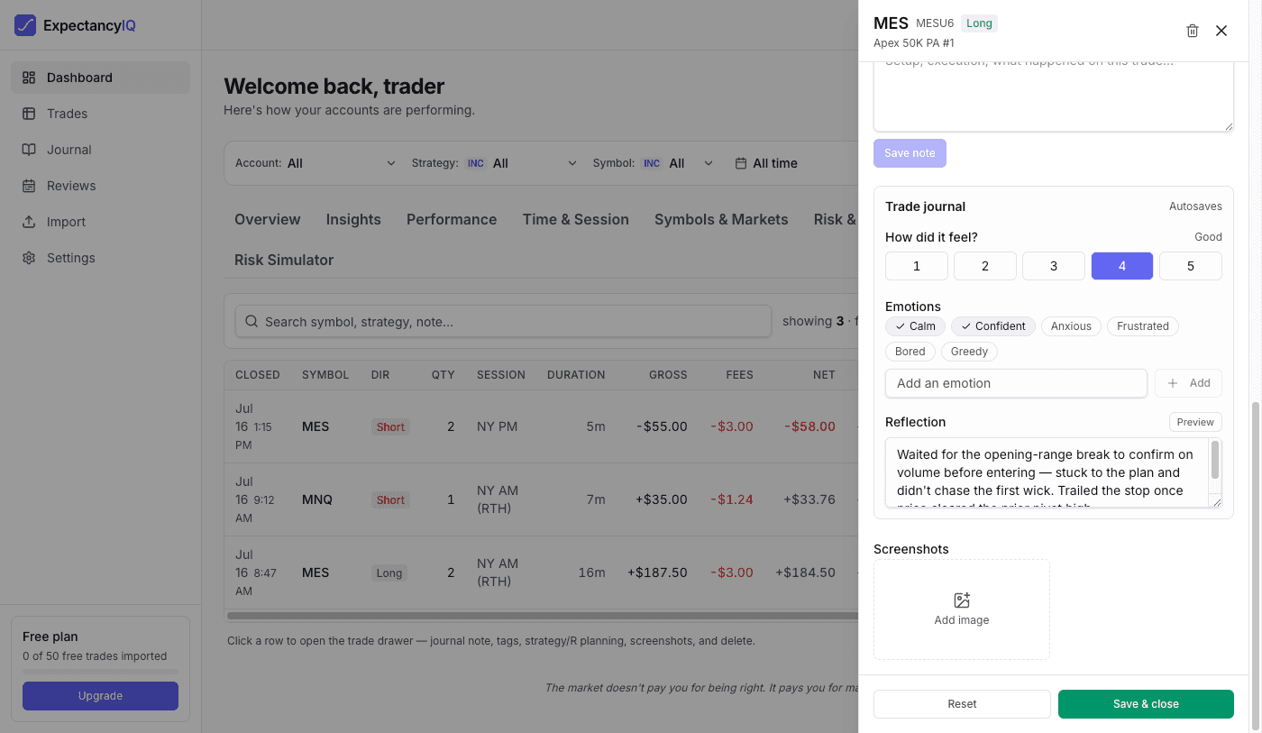 A trade's journal section — mood rating, emotion tags, and a written reflection