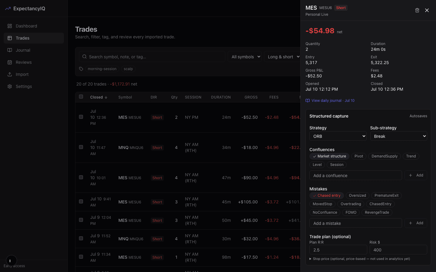 Trade detail drawer showing entry/exit stats