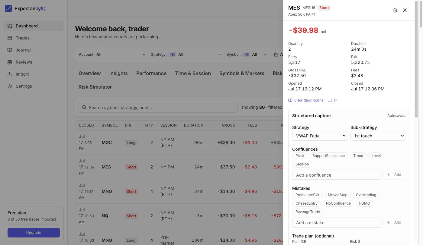 Trade drawer Structured capture panel