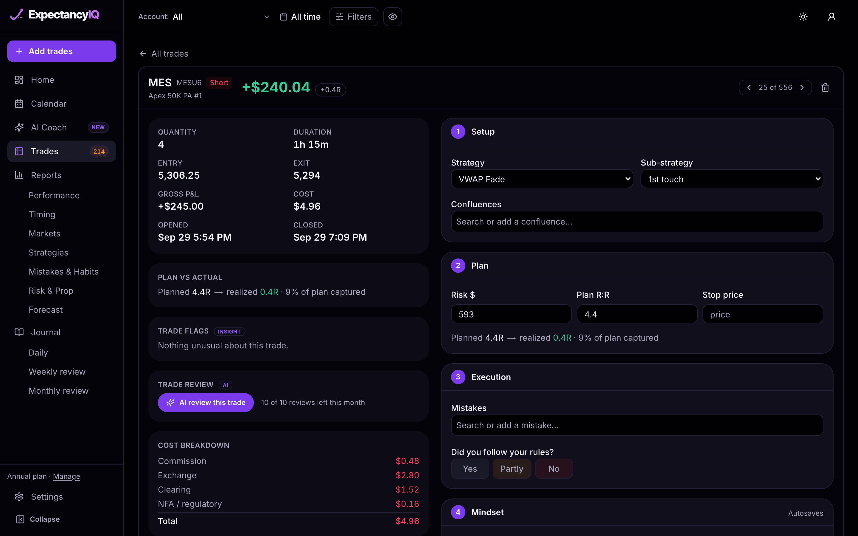 Trade view with stats, plan vs actual and journal steps