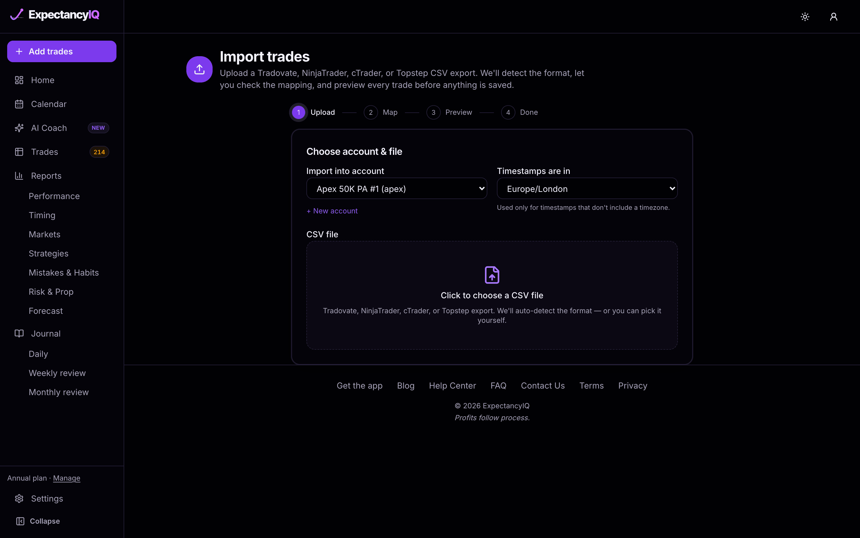 Import trades, upload step