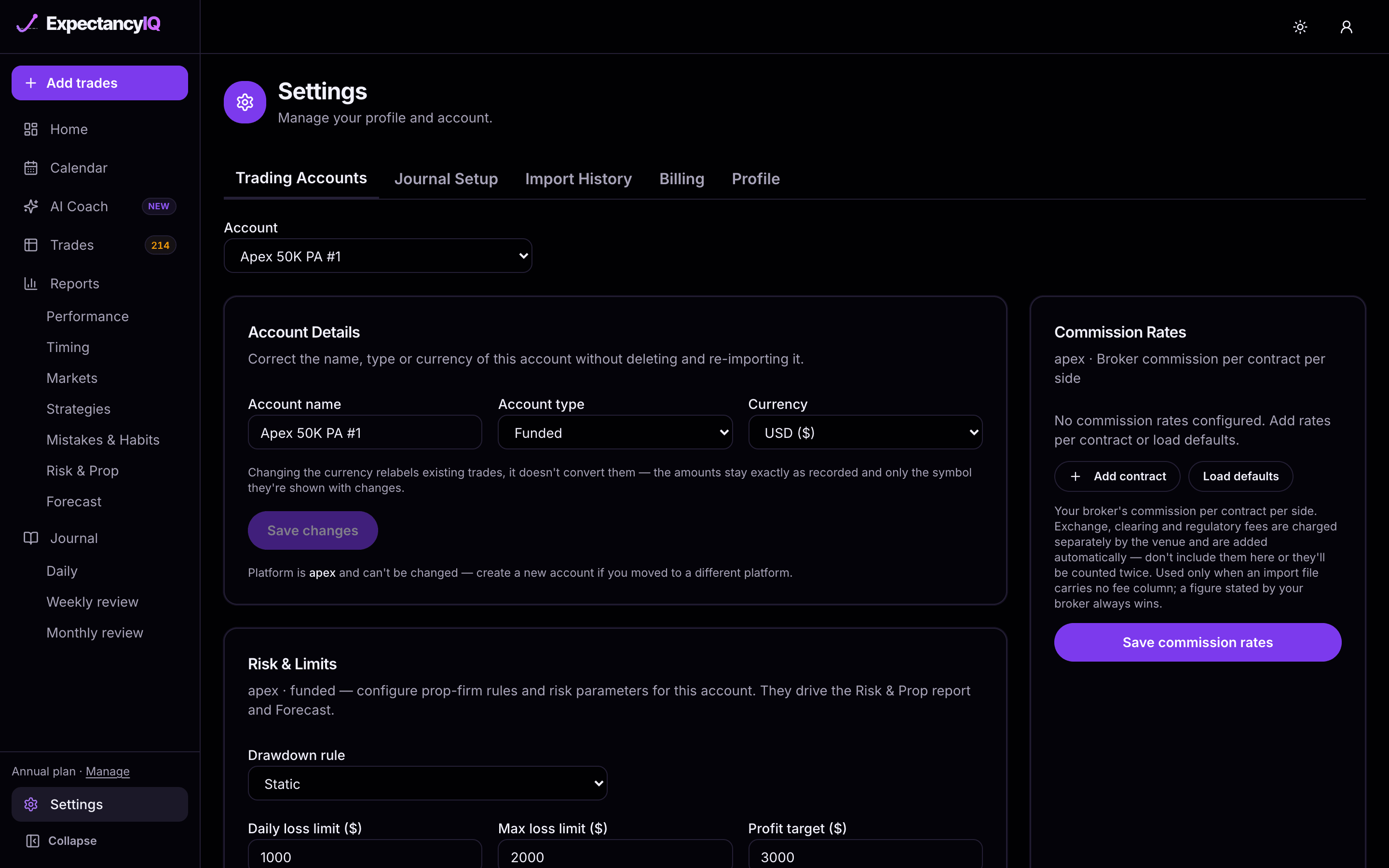 Settings, Trading Accounts tab