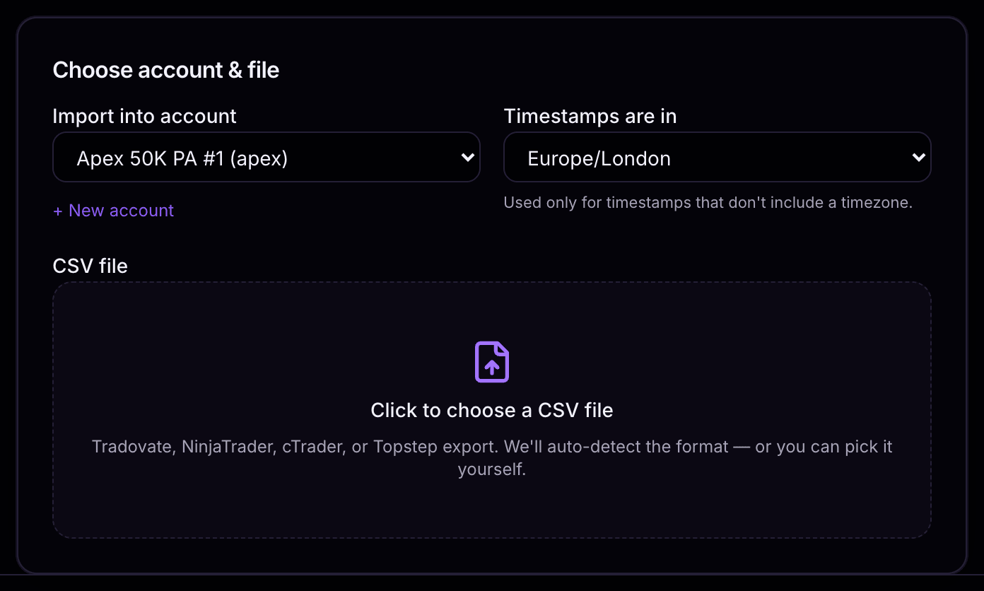 The import step: choose the account, the timezone and the CSV file